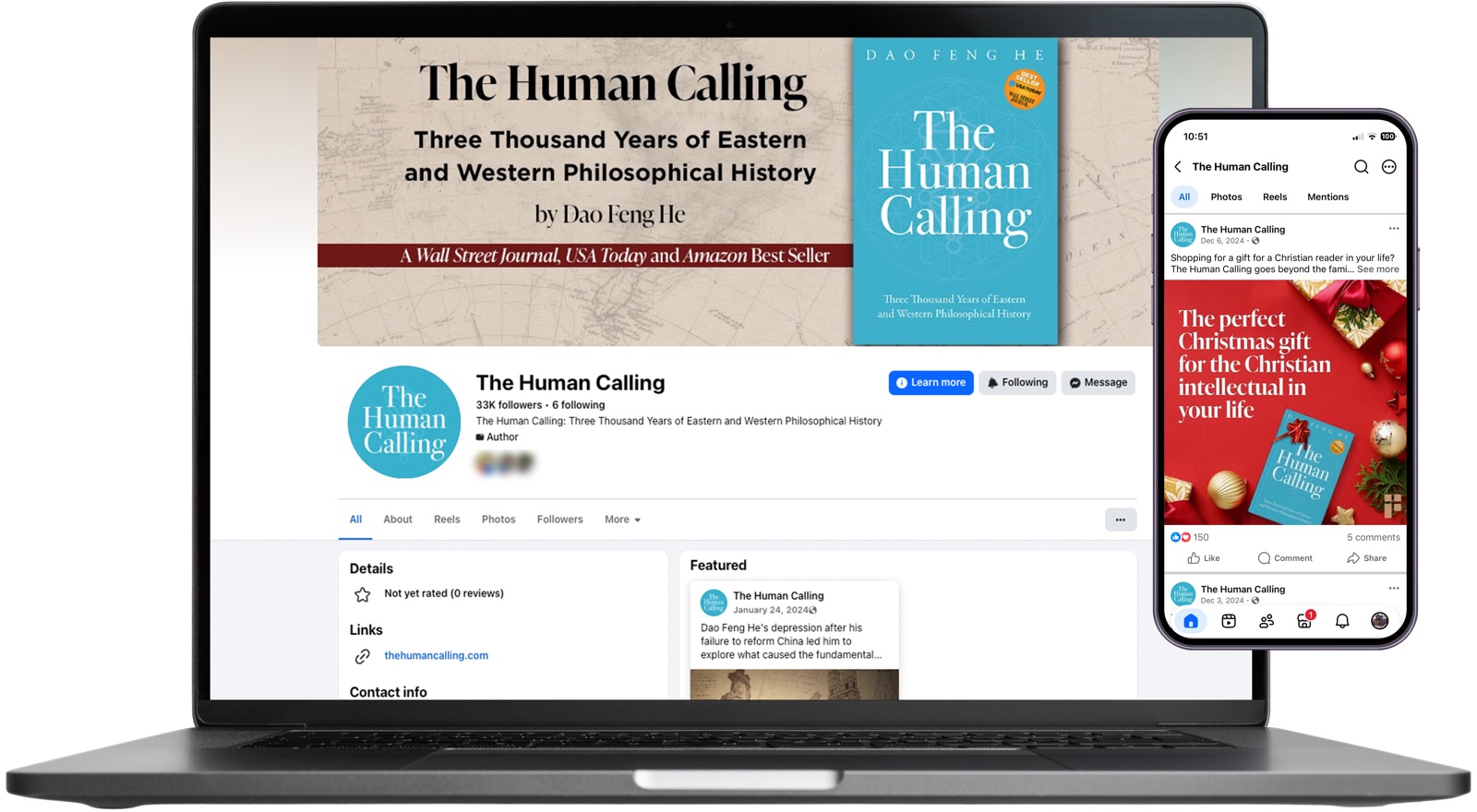 The Facebook page shown on a laptop and a phone