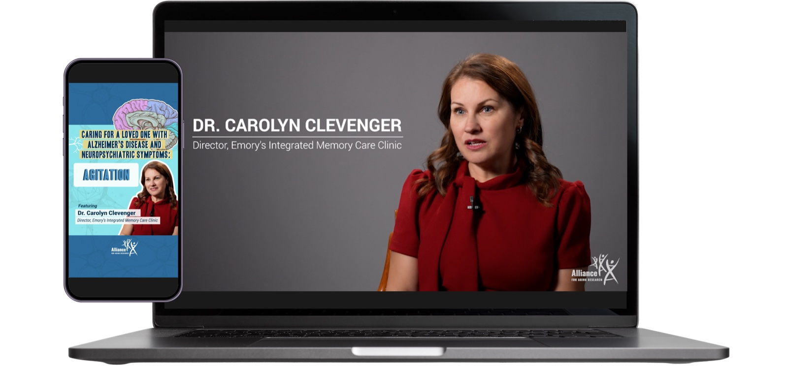 A Phase 3 film on a laptop and a phone, featuring Dr. Carolyn Clevenger, Director of Emory&rsquo;s Integrated Memory Care Clinic