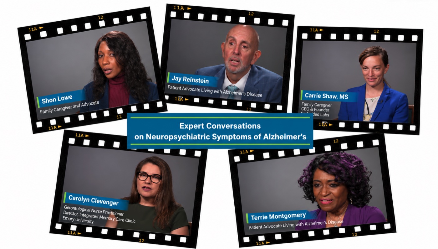 Five interview subjects from the series: a clinician, family caregivers, and patient advocates living with Alzheimer&rsquo;s disease