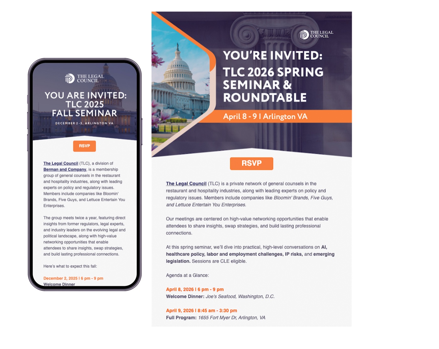Two seminar invitation emails, one on a phone and one at full width