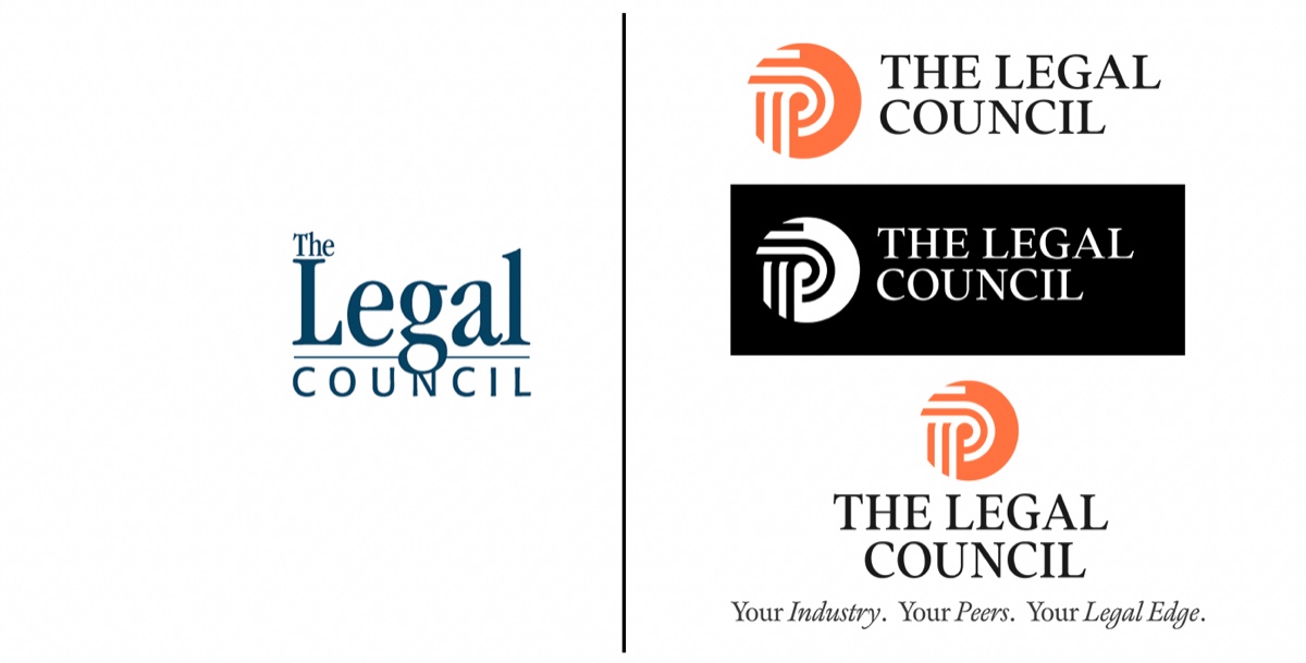 The previous Legal Council wordmark beside the new logo in three lockups
