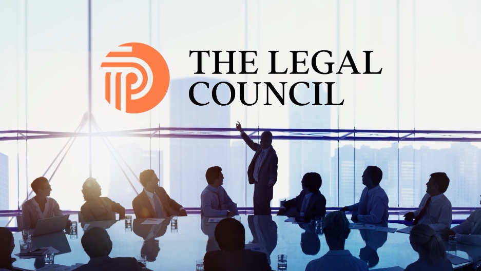 The Legal Council identity over a boardroom of executives